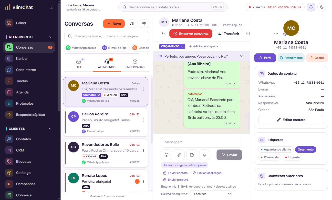 Tela real do SlimChat: conversas da equipe, histórico de mensagens e dados do cliente
